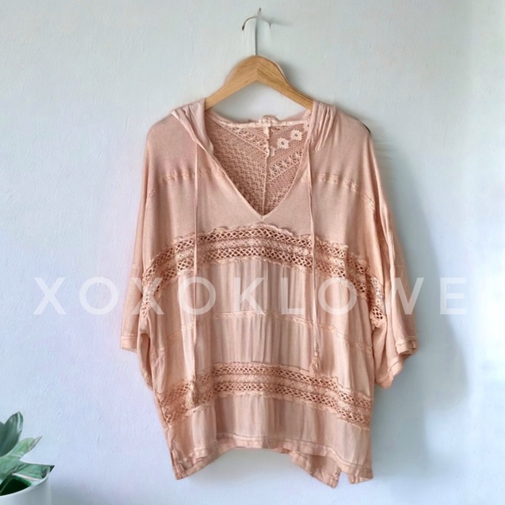 POL Washed Pink Rayon & Lace Oversized Hoodie Top - Picture 6 of 10